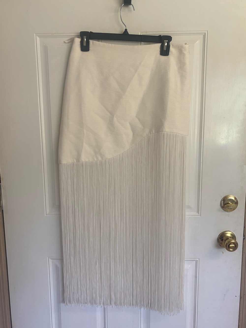 Med Fore Cream High Waisted Asymmetrical Fringe textured Midi Skirt.  In EUC!